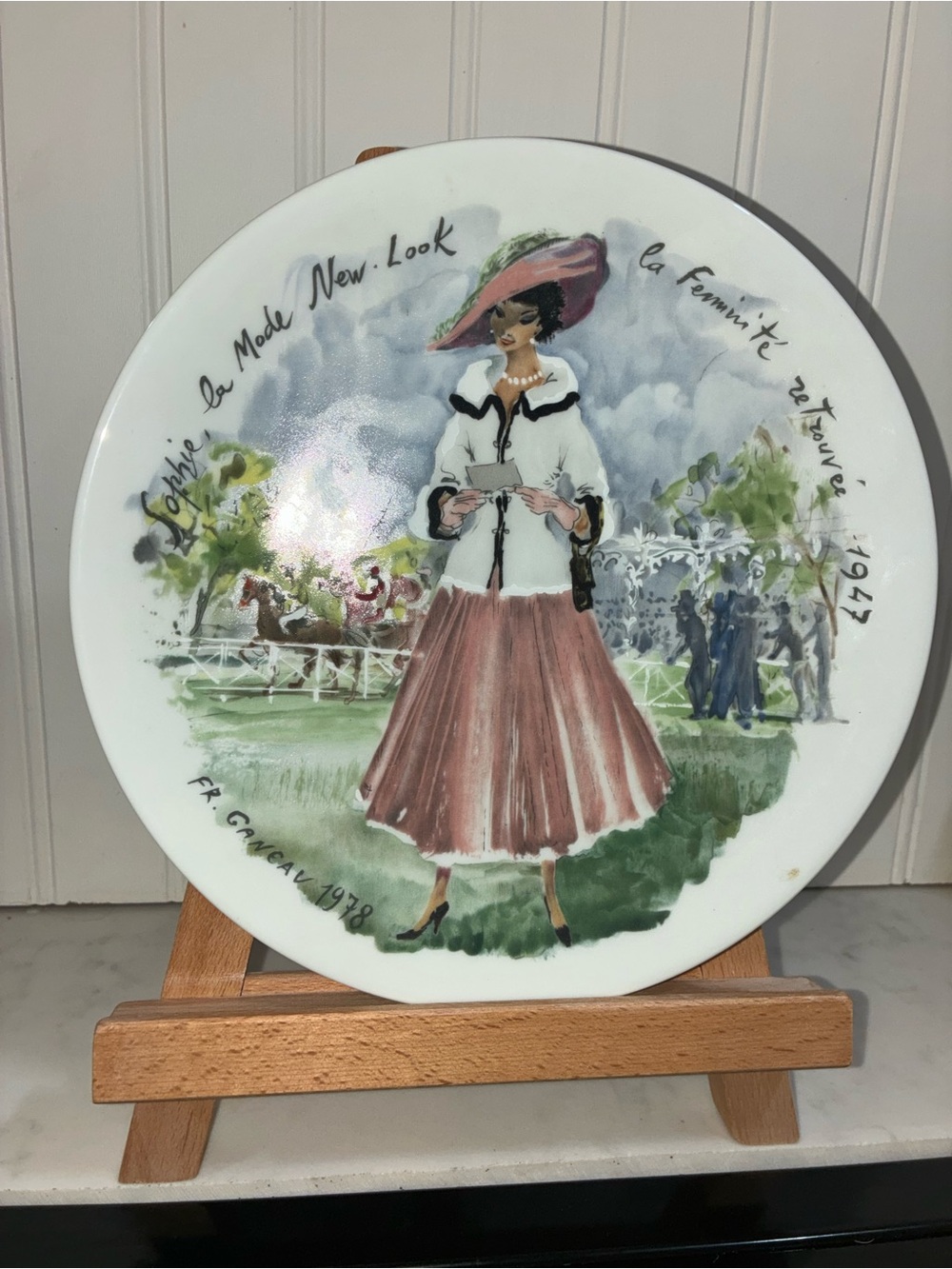 Hand-Painted Porcelain Wall Plate with Pink Skirt Fashion Illustration